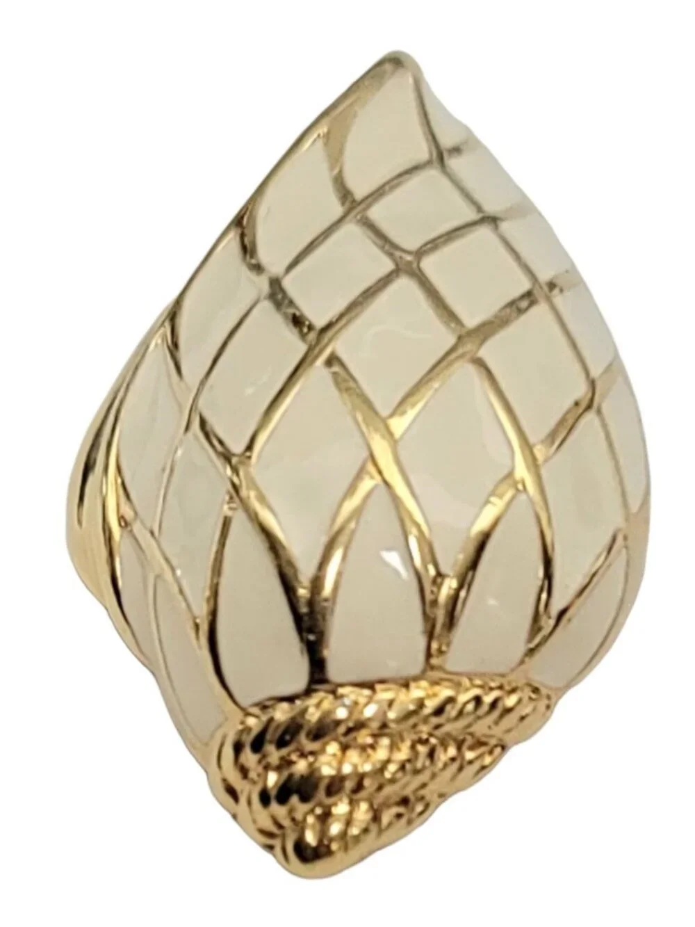 Trifari 1980s Cream And Gold Seashell Enamel Pin Brooch, Signed